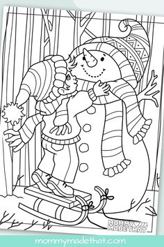 a black and white image of a snowman in the woods with another person behind it