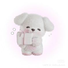 a white teddy bear holding a gift box with bubbles coming out of it's mouth