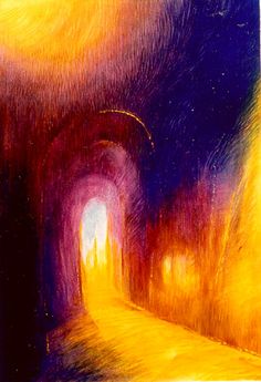 an abstract painting of a tunnel with light at the end and bright colors on it