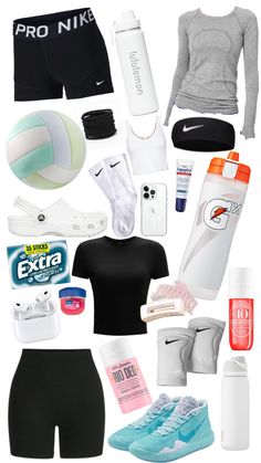 the contents of a woman's athletic outfit are arranged on a white background, including shoes, water bottles and sports bras