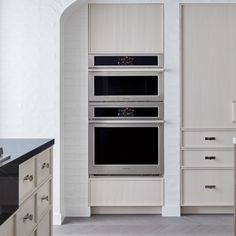 two ovens are built into the wall in this kitchen