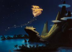 a painting of a boat floating in the air over a tropical island at night with palm trees