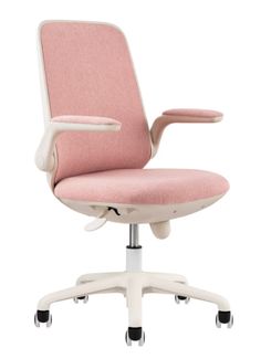 an office chair with wheels and pink upholstered fabric on the back, viewed from the front