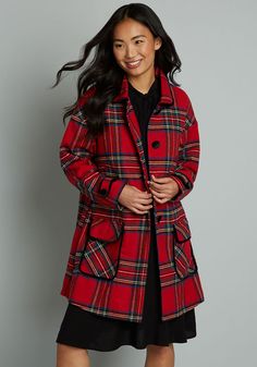 A classic holiday print in a stylish silhouette, this beautiful coat is just the right combination of class and sass! Red Plaid Coat, Vintage Christmas Dress, Red Plaid Jacket, Navy Blue And Yellow, Vintage Red Dress