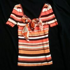 Vn Elegant Flirty Blouse Of Cotton Blend In Orange Stripe. The V Cut With The Silk Bow Are In The Back. The Front Has A Scoop, But It Can Be Worn Either Way. Has Very Nice Stretch. Never Worn. Silk Bow, Orange Cream, V Cut, V Cuts, Striped Blouse, Top Blouse, Size 4, Cotton Blend, Womens Tops