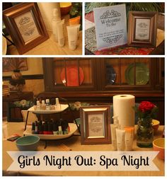 the girls'night out spa night is on display with candles and flowers in vases