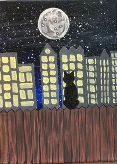 a painting of a cat sitting on a fence looking at the night sky and stars