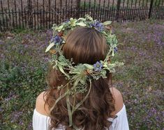 Ethereal Flower Crown With Purple and Green Flowers, Moss, Ivy, and Butterflies - Etsy Purple And Green Flowers, Purple And Green, Green Flowers, Wedding Hair, Ivy, Wedding Hairstyles