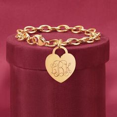 Ross-Simons - Monogram Italian 14kt Yellow Gold Heart Charm Bracelet. 8". Our classic 14kt yellow gold cable link bracelet with a heart charm is a lovely piece that dresses up any ensemble! Charm comes personalized with monogram in block or script. Made in Italy. Lobster clasp, 14kt yellow gold bracelet. Classic Heart Charm Bracelet For Valentine's Day, Classic Gold-tone Bracelet As A Gift, Classic Heart-shaped Bracelet With Lobster Clasp, Classic Heart-shaped Bracelets With Lobster Clasp, Classic Heart Charm Bracelet, Classic Heart Bracelets With Lobster Clasp, Classic Charm Bracelets For Valentine's Day, Classic Charms Bracelet For Valentine's Day, Classic Bracelets With Charms For Valentine's Day