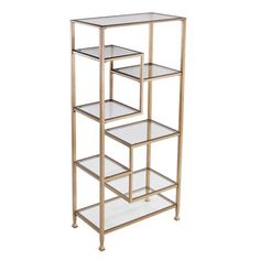 three tiered glass shelf unit with gold metal frame and clear glass shelves on each side