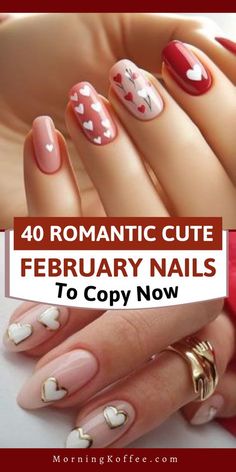 Pastel Heart Nail Designs, February Nail Art Ideas, Valentine Nail Art Designs Classy, Valentines Short Nails Design, February Nail Designs Valentines Day, Winter Valentine Nails, February Nails Ideas 2024, February Nail Colors Valentines Day