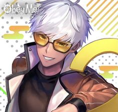 an anime character with white hair and glasses holding a large yellow object in his hand