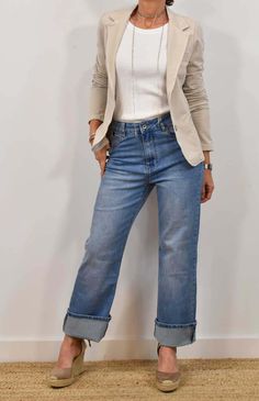 The Amisy Company | Online Women's Clothing Store Blazer Beige Outfit Mujer, Outfit 50s, Wide Leg Jeans Outfit, Stylish Outfits For Women Over 50, Beige Blazer, Outfit Mujer, Jeans Outfits, Outfit Trends