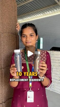 a woman is holding up two cups with the words 10 years replacment warrant