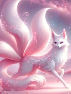 a painting of a white fox with pink manes and stars in the night sky