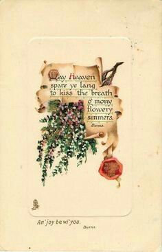 an old fashioned postcard with flowers and scrolls on it's side, says may heaven give you living through the time of his life