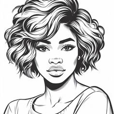 a black and white drawing of a woman's face with curly hair on the side