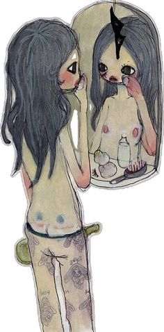 a drawing of a woman brushing her teeth in front of a mirror with birds on it