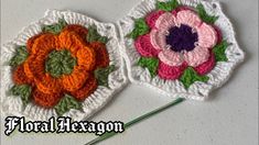 two crocheted coasters with flowers on them, one is orange and the other is pink