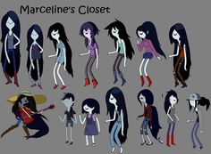 the character sheet for marceline's closet is shown in various poses and positions