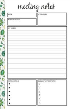 the printable meeting notes are lined up on top of each other with green leaves