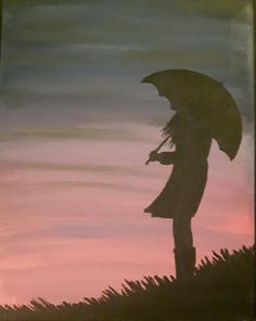 a painting of a woman holding an umbrella in the sunset with grass and sky behind her