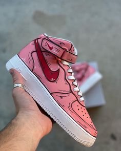 Themed after the strange love dunk lows, this is a custom painted Air Force 1 mid with a pink and red design outlined with a cartoon theme. If you have any questions or would like a different color feel free to message me! Customizable Red Sneakers For Streetwear, Casual Pink Custom Sneakers With Waterproof Paint, Casual Custom Pink Sneakers With Waterproof Paint, Pink High-top Custom Sneakers With Waterproof Paint, Pink Custom Sneakers With Red Sole, Casual Red Sneakers With Custom Artwork, Pink Hand Painted Casual Custom Sneakers, Casual Hand Painted Pink Custom Sneakers, Casual Pink Hand Painted Custom Sneakers