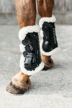 the legs and feet of a horse wearing winter boots