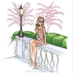 a drawing of a woman sitting on a balcony next to a lamppost with pink flowers