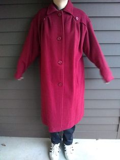 Cherry red, wool coat, 100% pure new wool. 4 buttons down the front, 1 button on each shoulder panel, 1 button on back panel. Lined. Soft pleats down the front. In very good condition. Red Wool Coat, Red Wool, Womens Jackets, Cherry Red, Wool Coat, Size 12, Jackets & Coats, Bathing Beauties, Jackets For Women