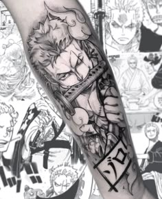 a man with a tattoo on his arm holding a knife and an anime character in the background