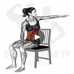 a woman sitting on a chair with her arms spread out to the side, doing squat exercises