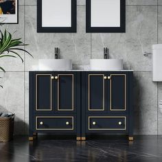 a bathroom vanity with two sinks and mirrors on the wall next to a potted plant