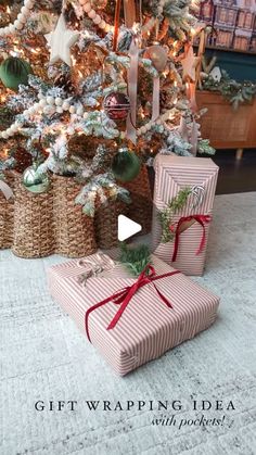 two wrapped presents under a christmas tree