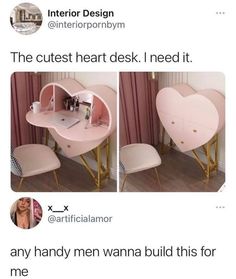 a pink desk with a heart shaped mirror on it and two photos of the same desk