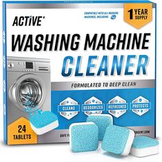 active washing machine cleaner tablets, 24 - count box and cleaning sponges in front of it