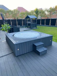 a hot tub sitting on top of a wooden deck