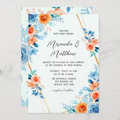 a wedding card with watercolor flowers on it