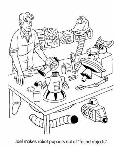 the cartoon shows two men working at a table with toys and other items on it