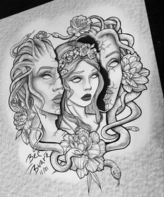 a drawing of two women with flowers in their hair