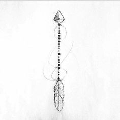 a pencil drawing of a feather and beaded necklace hanging from a string on a white background