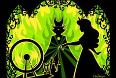 the silhouette of an evil queen and her black cat in front of a green background