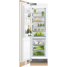 an open refrigerator with its door wide open and vegetables in the bottom drawer, including broccoli