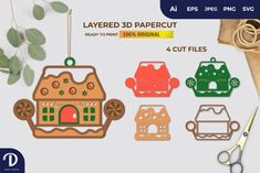 paper cut christmas ornament set with gingerbread house