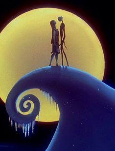 two people standing on top of a wave in front of a full moon with icicles