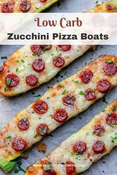 low carb zucchini pizza boats with broccoli and pepperoni on top