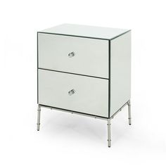 a white cabinet with two drawers and chrome legs