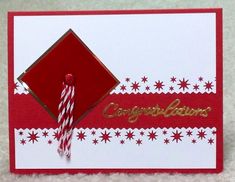 a red and white christmas card with a candy cane in the center that says congratulations