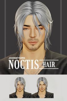 an animation character with grey hair and blue eyes, wearing a black shirt that says noctis hair