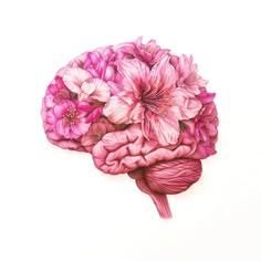 a drawing of a human brain with pink flowers